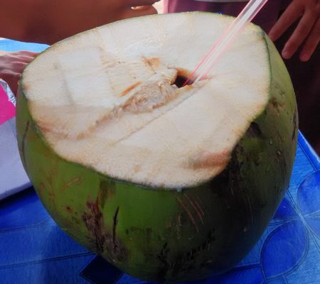 外側が緑色の大きなココナッツの実をナタで切って、ストローでジュースを飲みます。